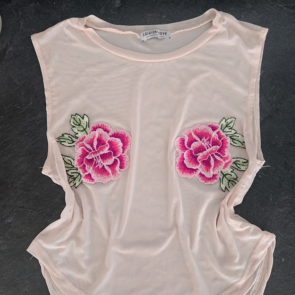 Fashion Nova Cream Tank Top with Pink Floral Embroidery